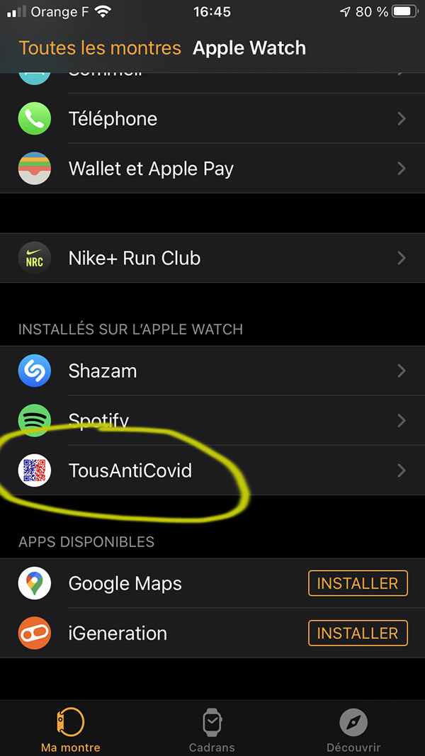 TousAntiCovid sur Apple Watch